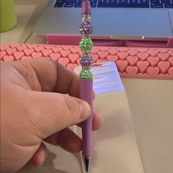 Homemade Purple and Green Bejeweled Ballpoint  Beaded Refillable Pen - Picture 3 of 3